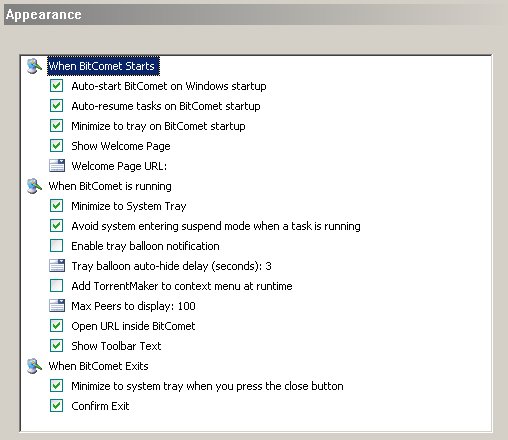 The BitTorrent Preferences Panel - Appearance [PNG - 3.74 KB]