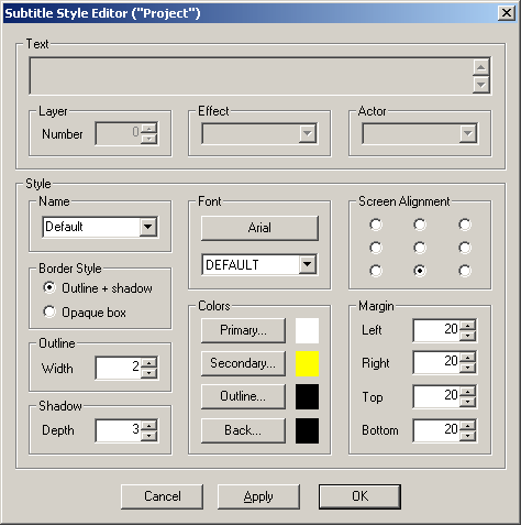 VirtualDub TextSub Styles Window